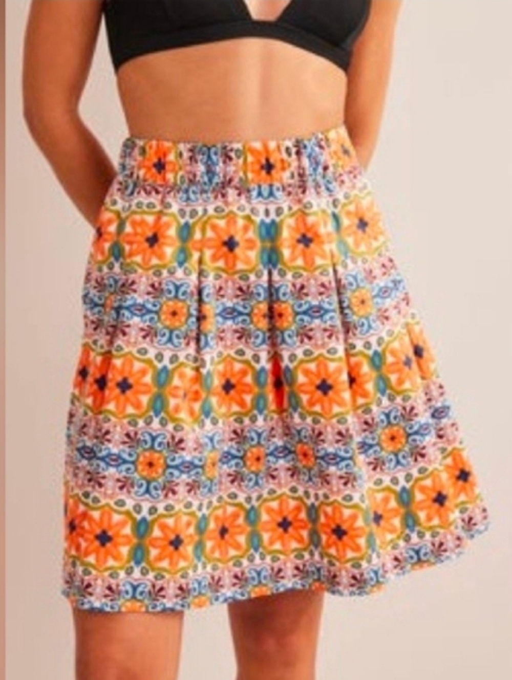 Boden Coastal Tile Floral Print Pleated Skirt